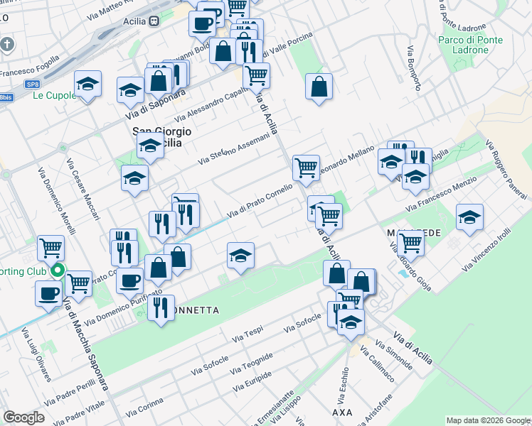 map of restaurants, bars, coffee shops, grocery stores, and more near 35 Via Cassioli Amos in Città metropolitana di Roma Capitale