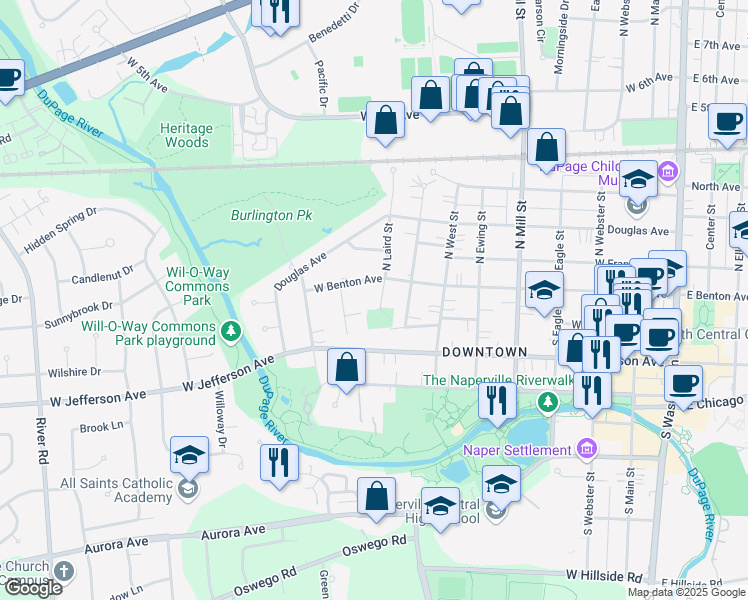 map of restaurants, bars, coffee shops, grocery stores, and more near 21 South Laird Street in Naperville