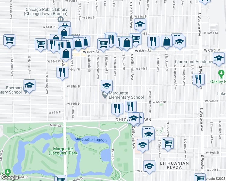 map of restaurants, bars, coffee shops, grocery stores, and more near 6514 S Francisco Ave in Chicago