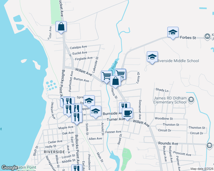map of restaurants, bars, coffee shops, grocery stores, and more near 191 Willett Avenue in East Providence
