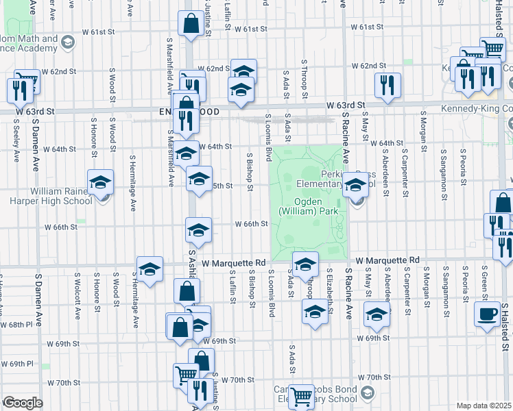 map of restaurants, bars, coffee shops, grocery stores, and more near 6531 South Bishop Street in Chicago