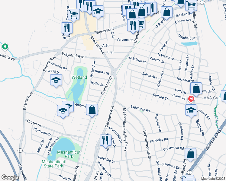 map of restaurants, bars, coffee shops, grocery stores, and more near 65 Oaklawn Avenue in Cranston