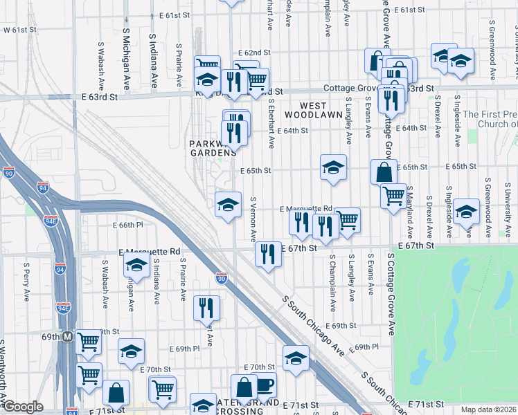 map of restaurants, bars, coffee shops, grocery stores, and more near 456 East 66th Street in Chicago