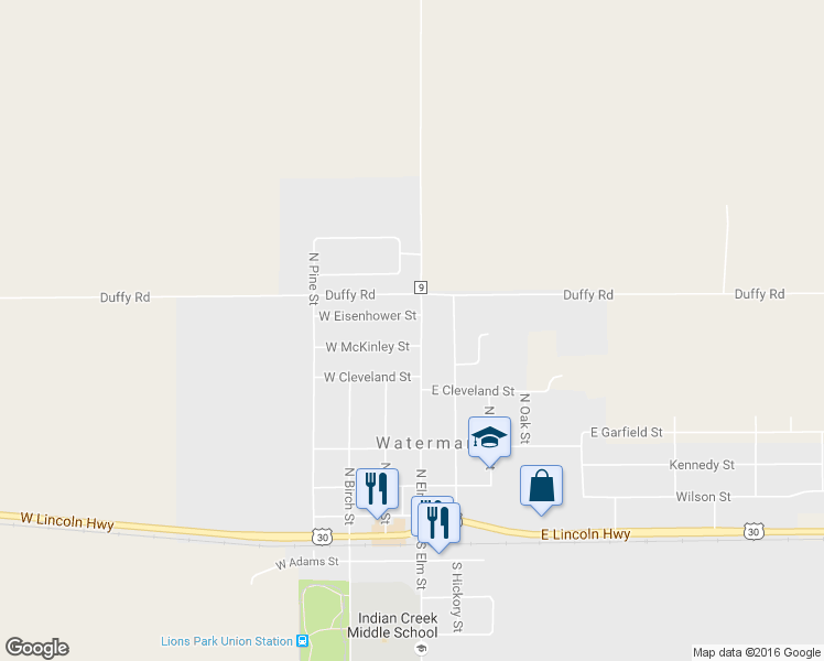 map of restaurants, bars, coffee shops, grocery stores, and more near 525 North Elm Street in Waterman