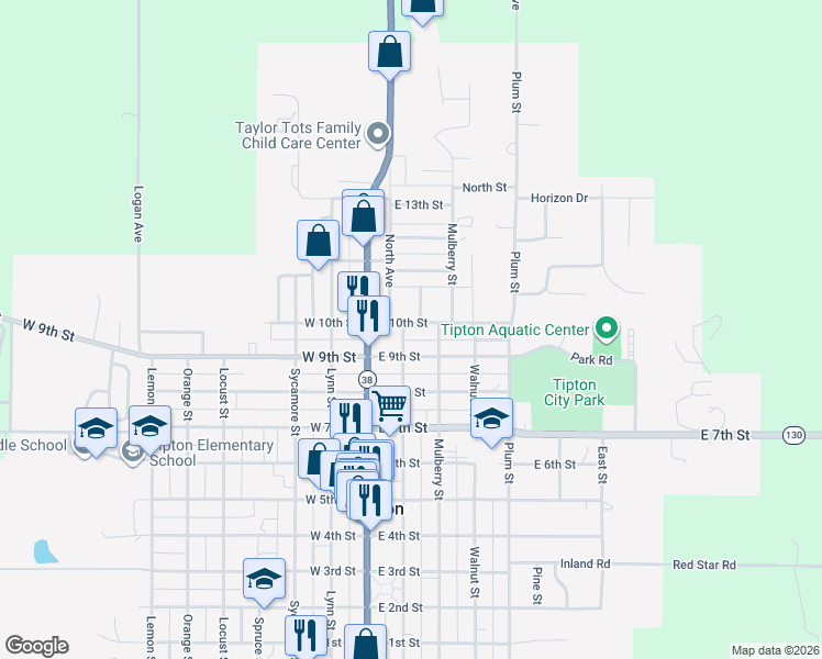 map of restaurants, bars, coffee shops, grocery stores, and more near 179-217 E 10th St in Tipton