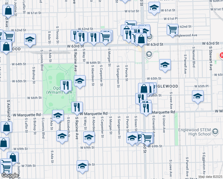 map of restaurants, bars, coffee shops, grocery stores, and more near 6535 South Morgan Street in Chicago