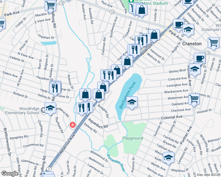 map of restaurants, bars, coffee shops, grocery stores, and more near 960 Reservoir Avenue in Cranston
