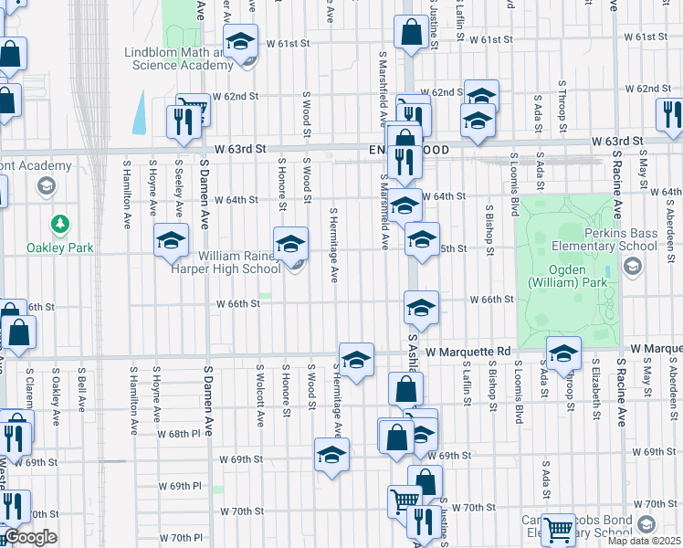map of restaurants, bars, coffee shops, grocery stores, and more near 6527 South Hermitage Avenue in Chicago