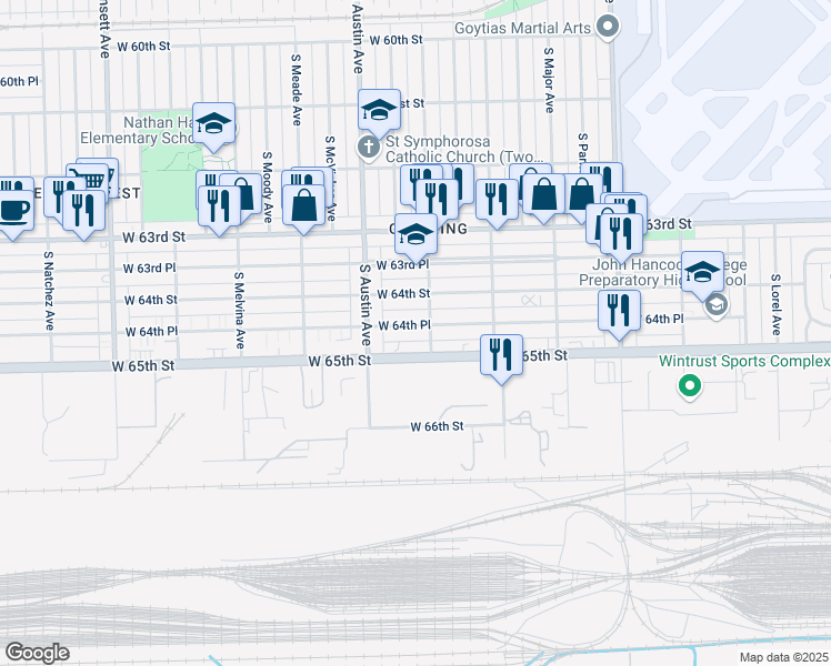 map of restaurants, bars, coffee shops, grocery stores, and more near 5911 West 64th Place in Chicago