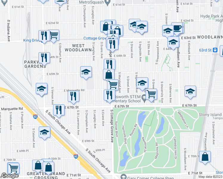 map of restaurants, bars, coffee shops, grocery stores, and more near East Marquette Road in Chicago