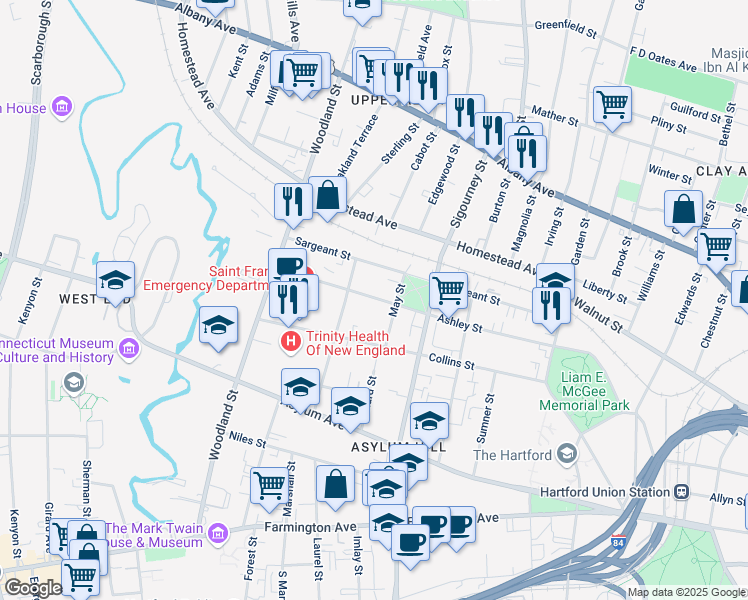 map of restaurants, bars, coffee shops, grocery stores, and more near 166 Ashley Street in Hartford