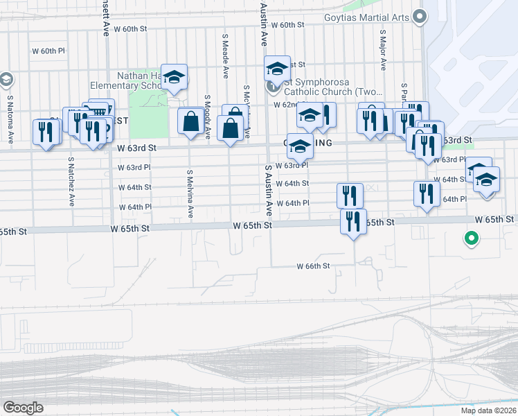 map of restaurants, bars, coffee shops, grocery stores, and more near 6019 West 64th Place in Chicago