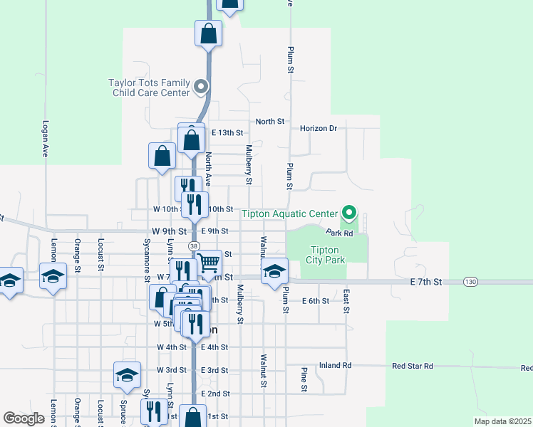 map of restaurants, bars, coffee shops, grocery stores, and more near 401 East 10th Street in Tipton