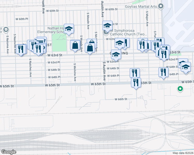 map of restaurants, bars, coffee shops, grocery stores, and more near 6029 West 64th Place in Chicago