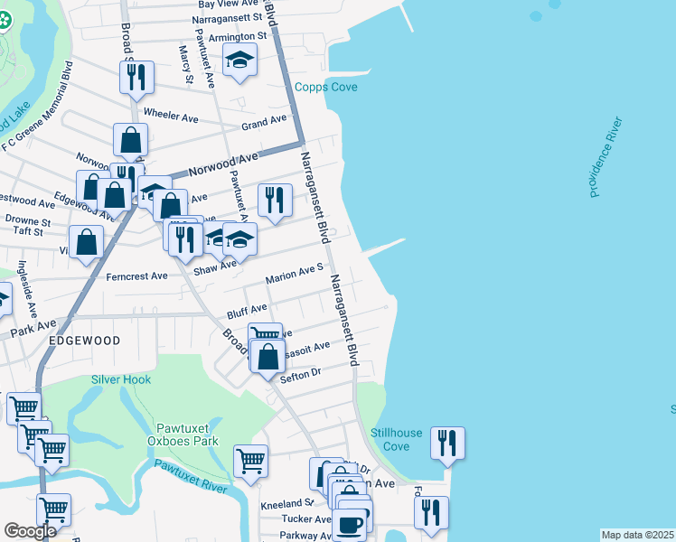 map of restaurants, bars, coffee shops, grocery stores, and more near 1350 Narragansett Boulevard in Cranston