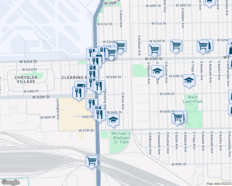 map of restaurants, bars, coffee shops, grocery stores, and more near 6459 South Kilpatrick Avenue in Chicago