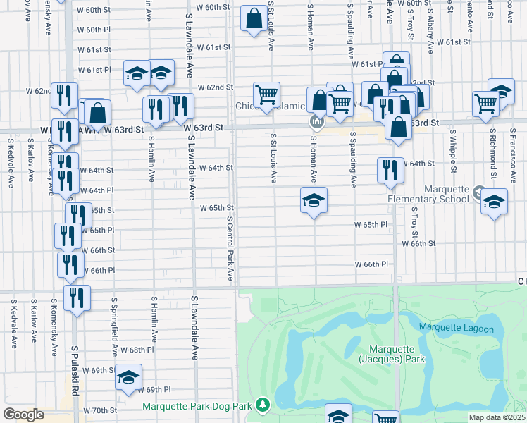 map of restaurants, bars, coffee shops, grocery stores, and more near 3515 West 65th Street in Chicago