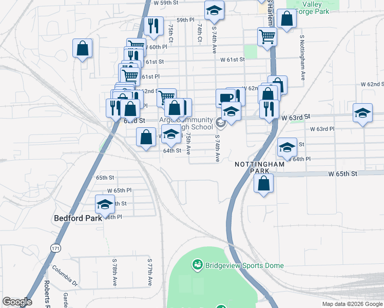 map of restaurants, bars, coffee shops, grocery stores, and more near 7457 64th Street in Summit