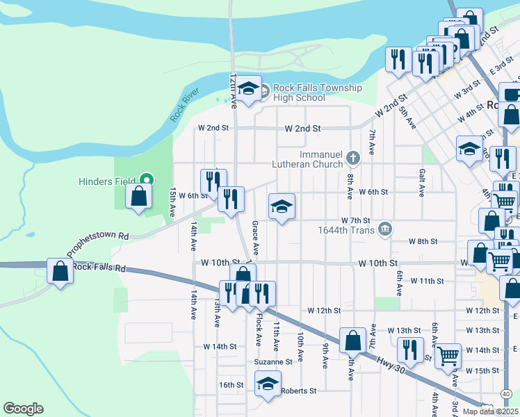 map of restaurants, bars, coffee shops, grocery stores, and more near 615 Grace Avenue in Rock Falls