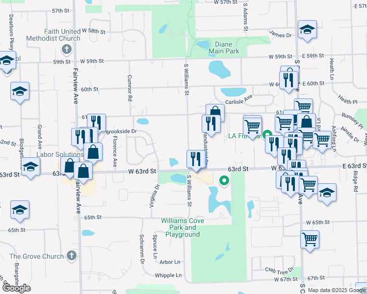 map of restaurants, bars, coffee shops, grocery stores, and more near 1130 South Williams Street in Westmont