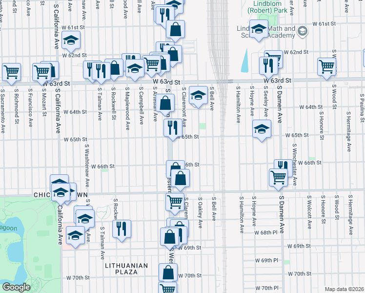 map of restaurants, bars, coffee shops, grocery stores, and more near 6518 South Claremont Avenue in Chicago