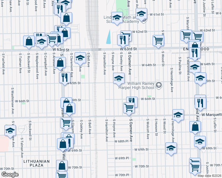 map of restaurants, bars, coffee shops, grocery stores, and more near 6520 South Hoyne Avenue in Chicago
