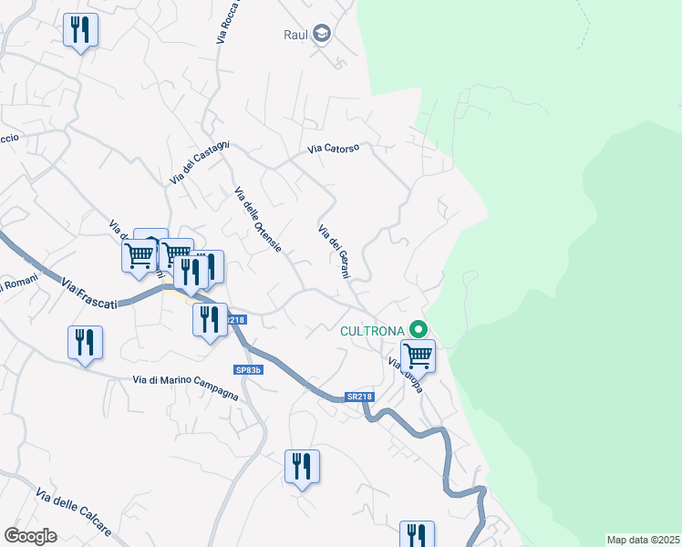 map of restaurants, bars, coffee shops, grocery stores, and more near 9 Via dei Gerani in Rocca di Papa
