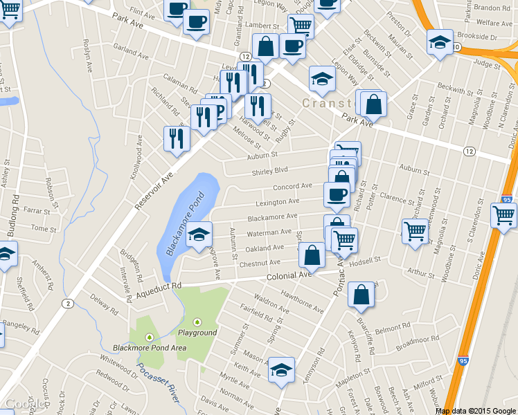 map of restaurants, bars, coffee shops, grocery stores, and more near 122 Lexington Ave in Cranston
