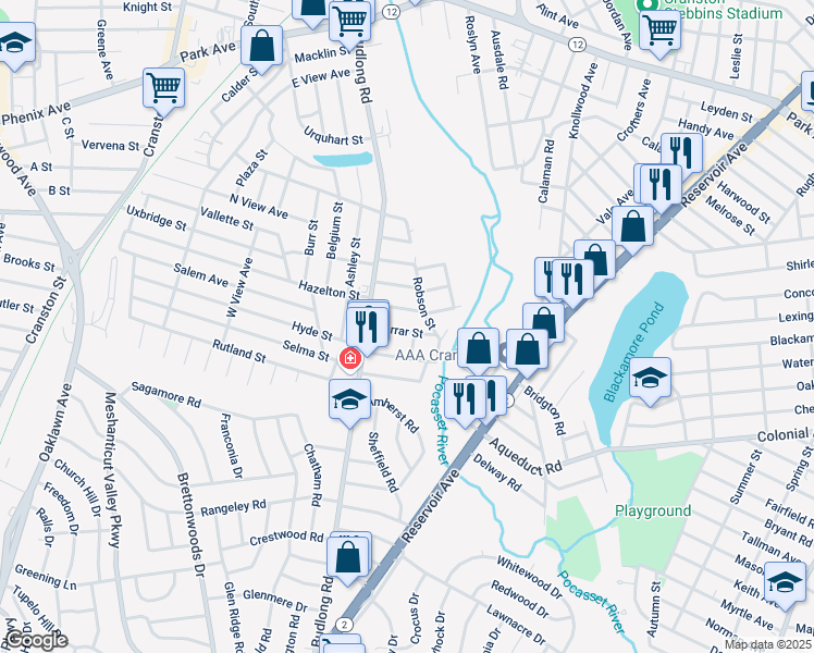 map of restaurants, bars, coffee shops, grocery stores, and more near 42 Farrar St in Cranston
