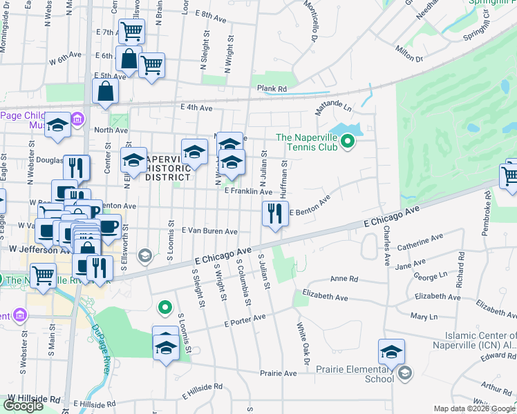 map of restaurants, bars, coffee shops, grocery stores, and more near 729 East Benton Avenue in Naperville