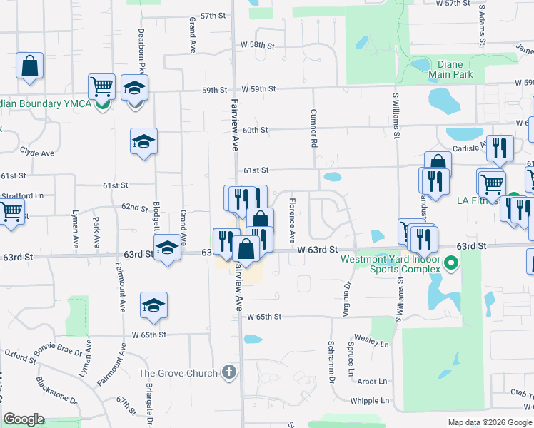 map of restaurants, bars, coffee shops, grocery stores, and more near 543 Brookside Drive in Westmont