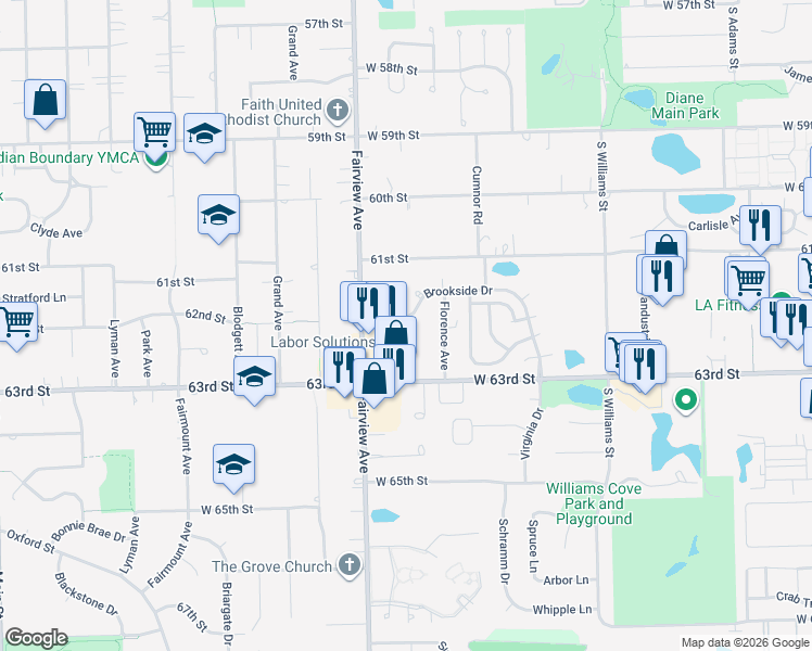 map of restaurants, bars, coffee shops, grocery stores, and more near 535 Brookside Drive in Westmont