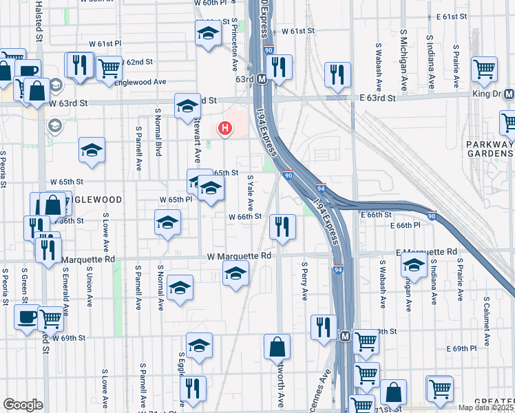 map of restaurants, bars, coffee shops, grocery stores, and more near 6553 South Yale Avenue in Chicago