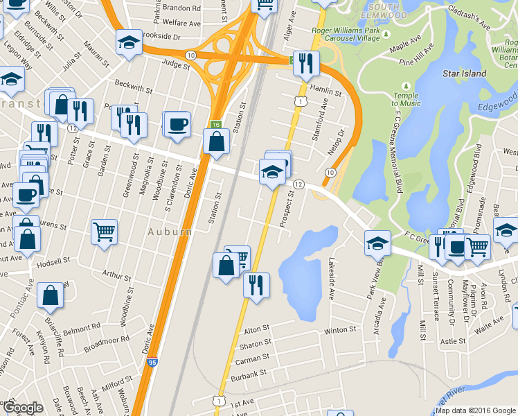 map of restaurants, bars, coffee shops, grocery stores, and more near 1303 Elmwood Avenue in Cranston