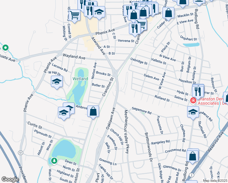 map of restaurants, bars, coffee shops, grocery stores, and more near 65 Oaklawn Avenue in Cranston
