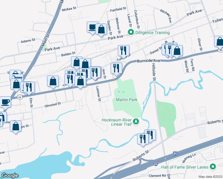 map of restaurants, bars, coffee shops, grocery stores, and more near 15 Oakwood Street in East Hartford