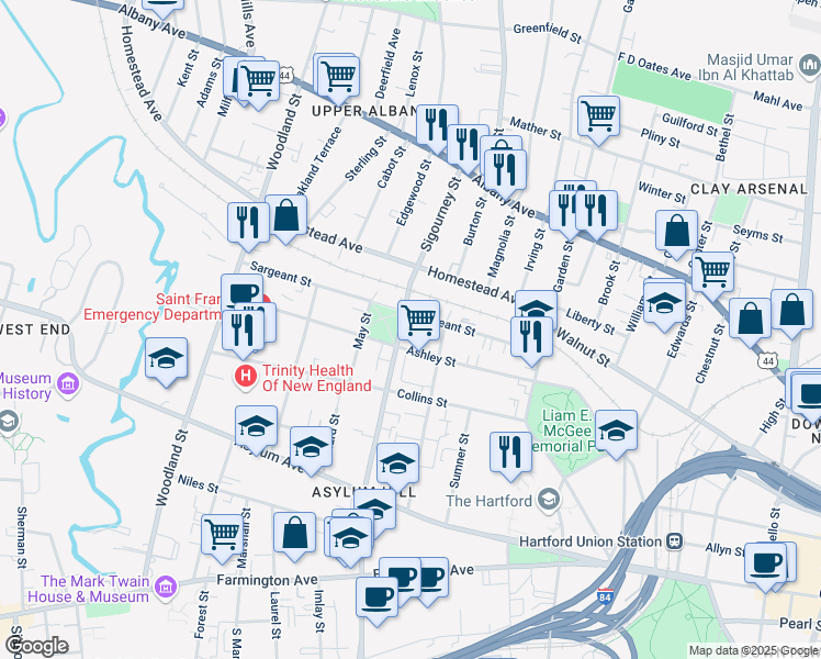 map of restaurants, bars, coffee shops, grocery stores, and more near 125 Sargeant Street in Hartford