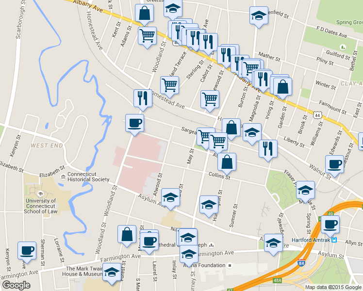 map of restaurants, bars, coffee shops, grocery stores, and more near 166 Ashley Street in Hartford