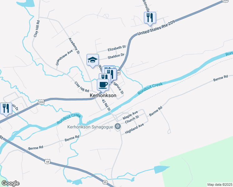 map of restaurants, bars, coffee shops, grocery stores, and more near 35 Spruce Street in Kerhonkson