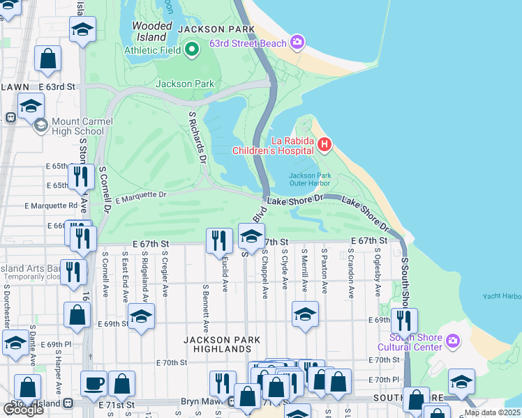 map of restaurants, bars, coffee shops, grocery stores, and more near South Jeffery Avenue in Chicago