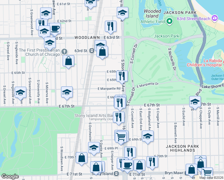 map of restaurants, bars, coffee shops, grocery stores, and more near 1513 East 66th Place in Chicago