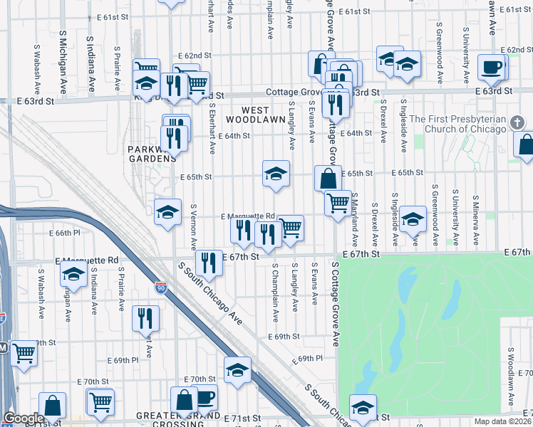 map of restaurants, bars, coffee shops, grocery stores, and more near 6555 South Saint Lawrence Avenue in Chicago