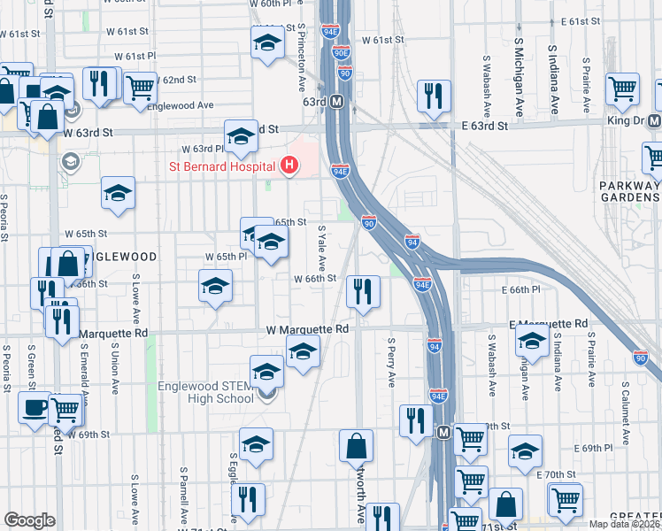map of restaurants, bars, coffee shops, grocery stores, and more near 6553 South Yale Avenue in Chicago
