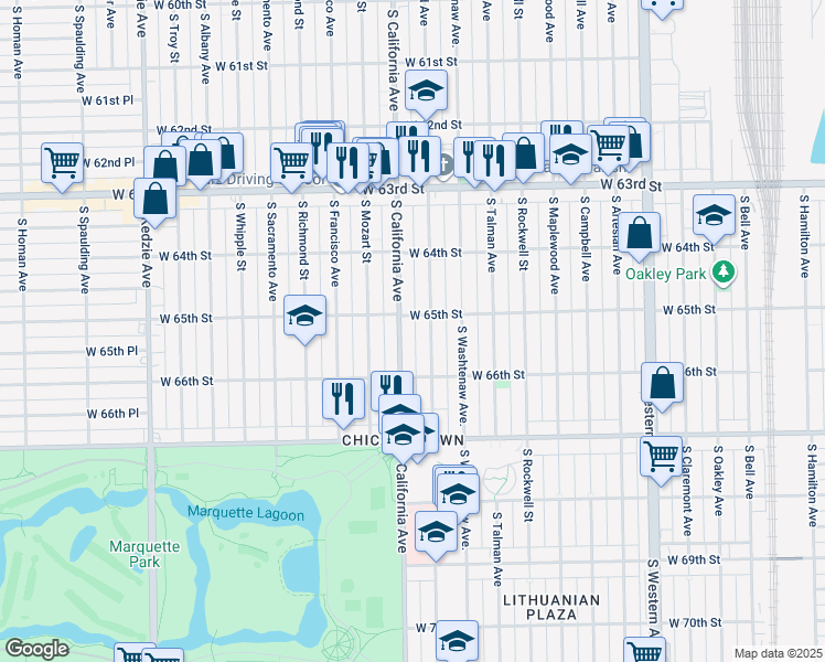 map of restaurants, bars, coffee shops, grocery stores, and more near 6501 South California Avenue in Chicago
