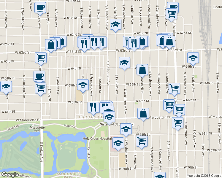 map of restaurants, bars, coffee shops, grocery stores, and more near 6501 South California Avenue in Chicago