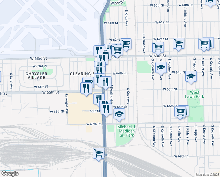 map of restaurants, bars, coffee shops, grocery stores, and more near 6452 South Keating Avenue in Chicago