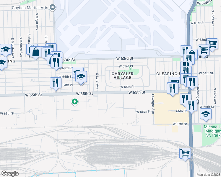 map of restaurants, bars, coffee shops, grocery stores, and more near 5231 West 64th Place in Chicago