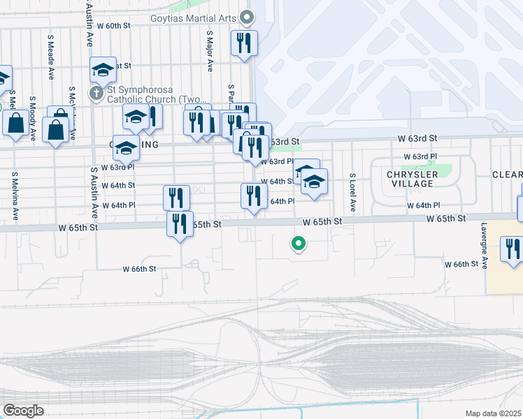 map of restaurants, bars, coffee shops, grocery stores, and more near 5535 West 64th Place in Chicago