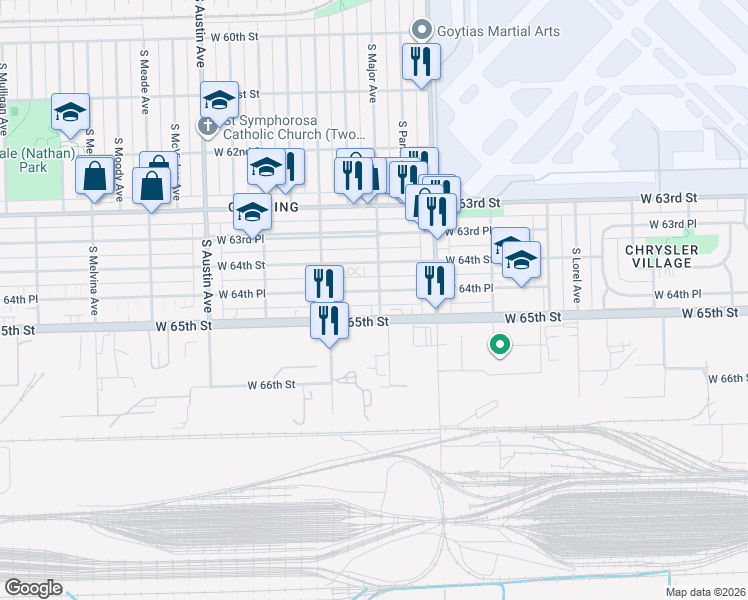 map of restaurants, bars, coffee shops, grocery stores, and more near 5723 West 64th Place in Chicago