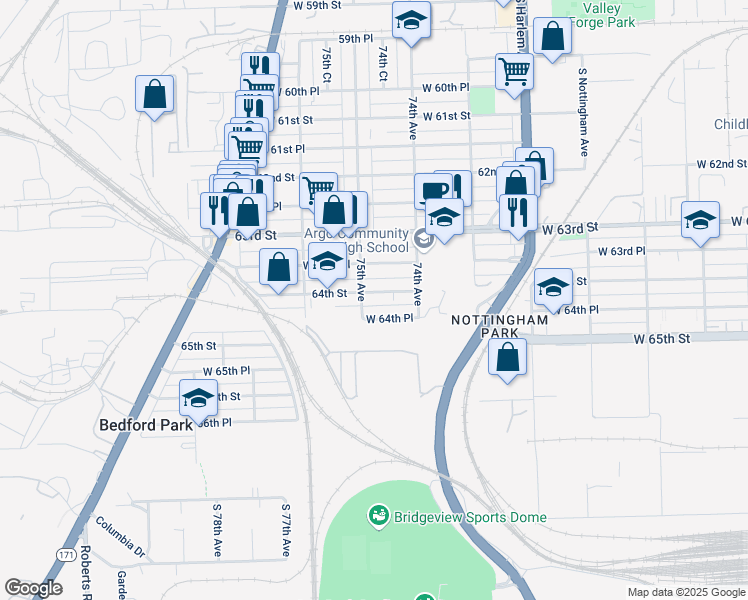 map of restaurants, bars, coffee shops, grocery stores, and more near 7425 64th Street in Summit